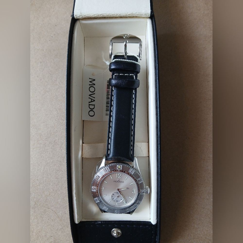 Movado Silver Face Black Leather Strap Watch 84-N2-1890 New With Tags And Box